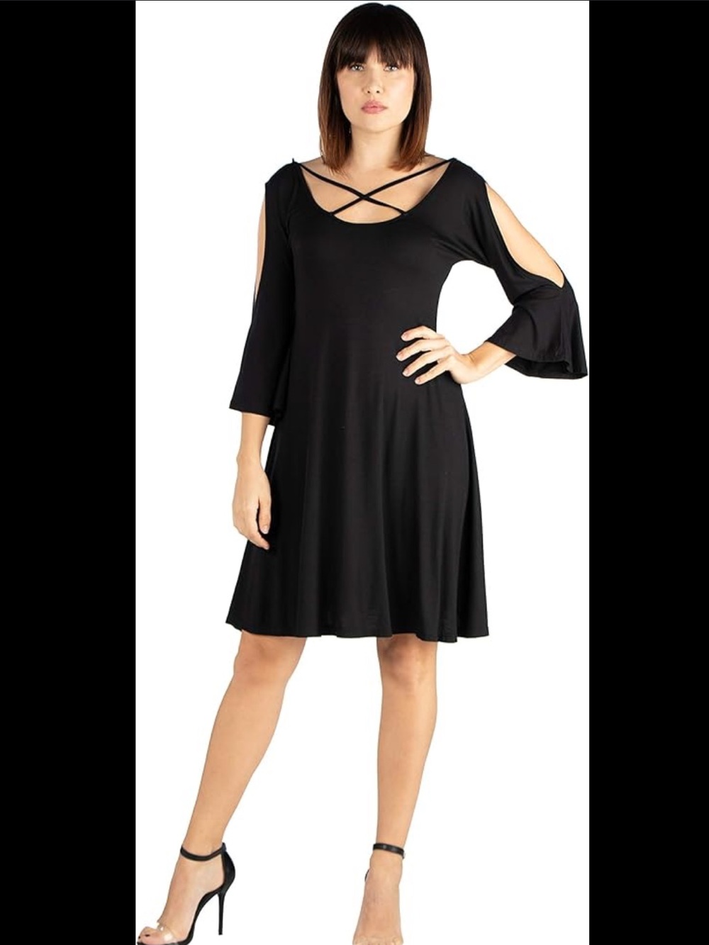 “NWT” 24 Seven7 Black Cold-Shoulder Midi Dress with Crisscross Front